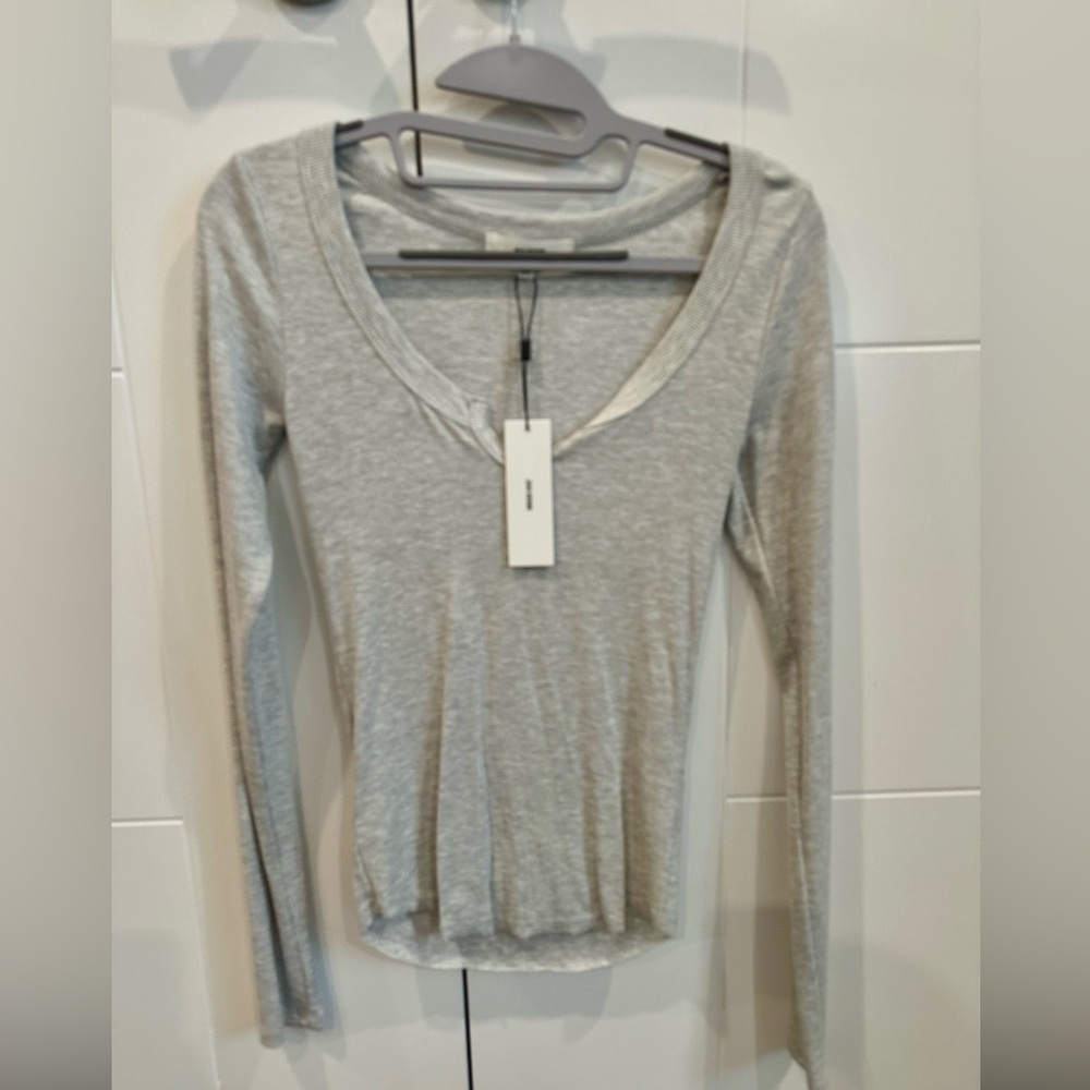Joah Brown Light Gray Long Sleeve Scoop Neck Top
